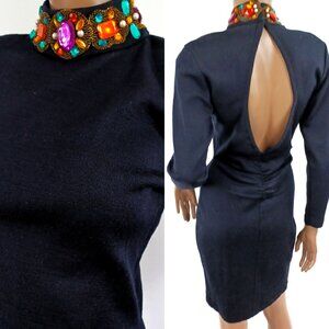 VINTAGE FUSION Dress Jewel High Neck LS Wool Blend Open Back Knit Dress M
